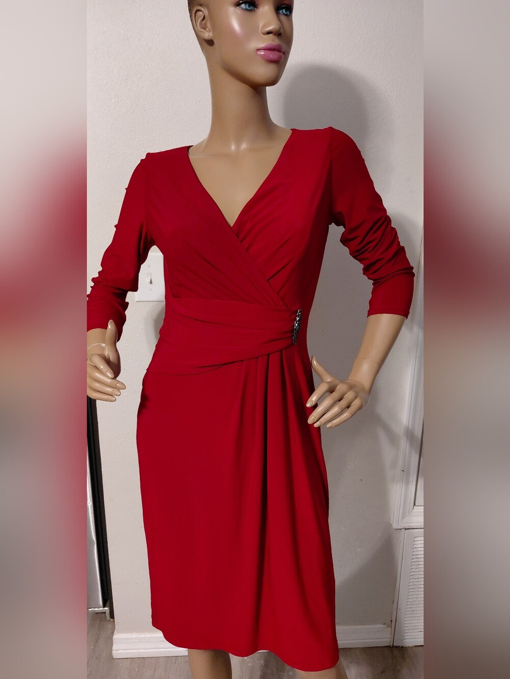 Chaps Red Wrap-Style Long Sleeve Midi Dress